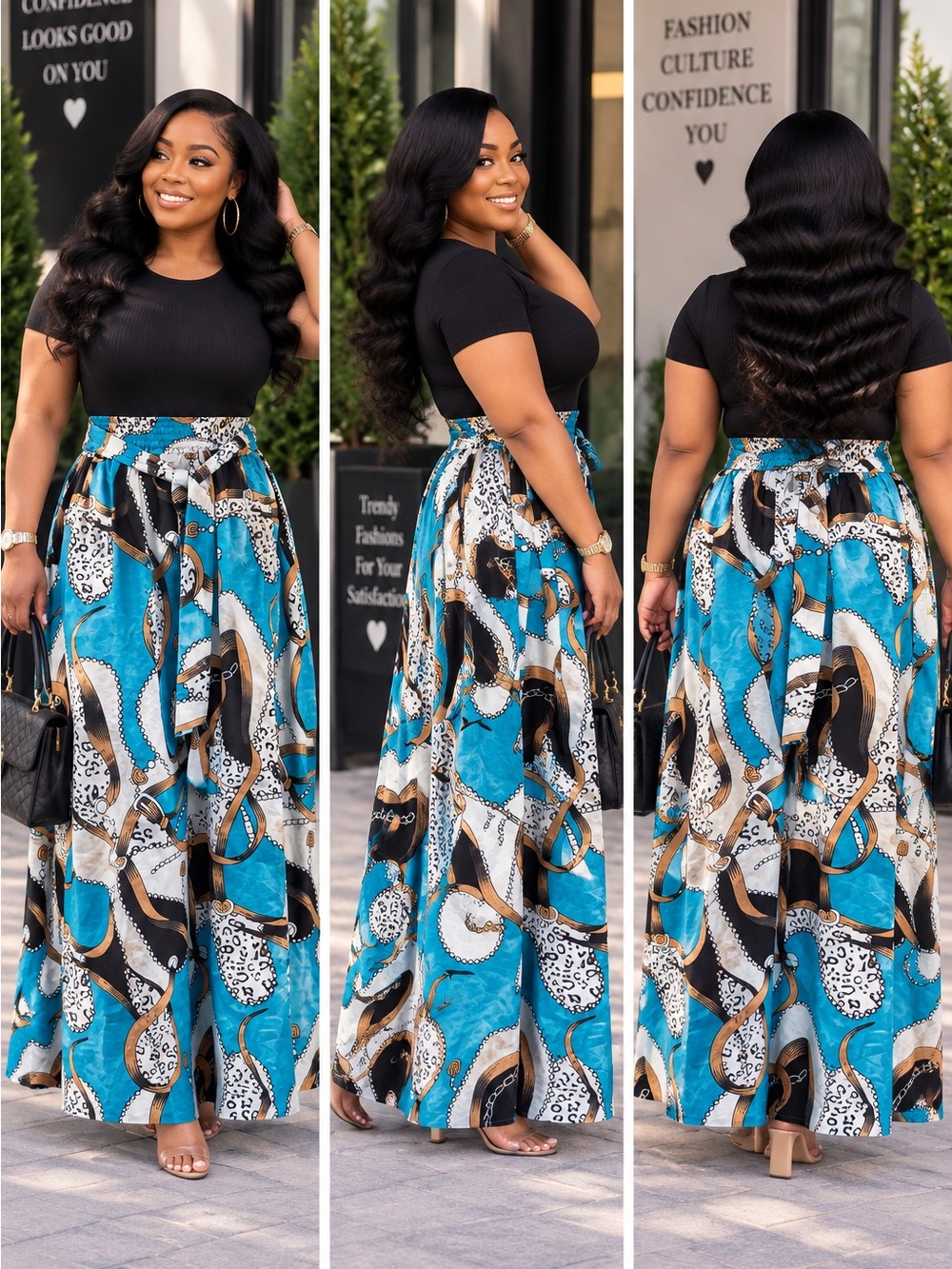 Black & Turquoise Chain-Print Maxi Skirt — Women's High-Waist Flowing Skirt